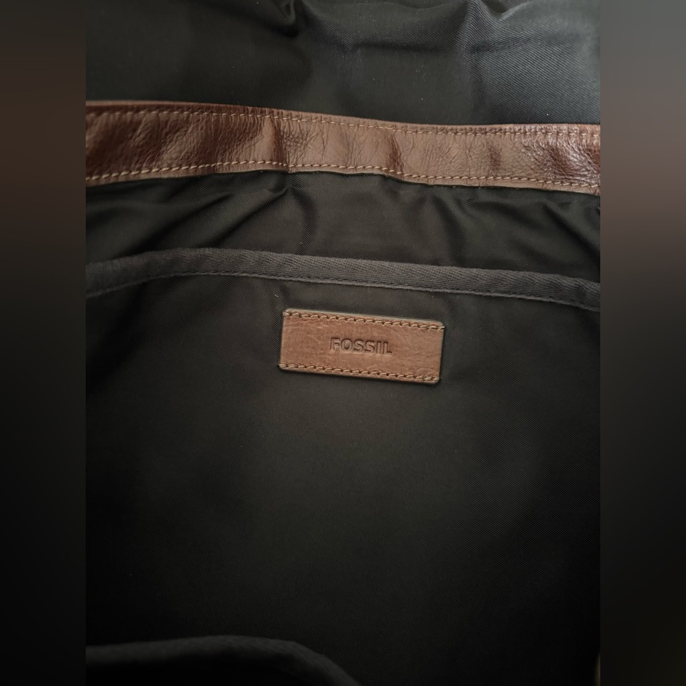 Fossil leather messenger bag laptop bag Soft black leather brown leather trim - Picture 3 of 10